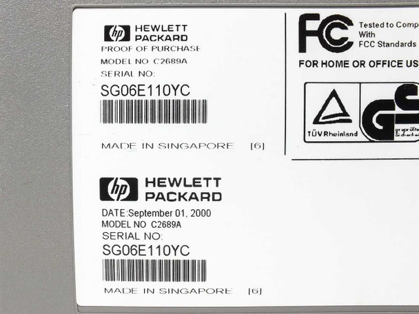 HP C2689A label close-up — model number C2689A, serial SG06E110YC, Made in Singapore, manufactured September 2000