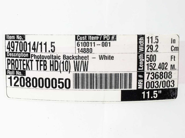 Madico Protekt TFB HD(10) W/W backsheet roll label showing MPN 4970014/11.5, 11.5in width, 500ft length, Roll No. 1208000050