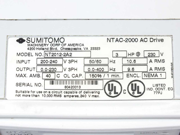 Sumitomo NT2012-2A2 3HP AC Motor Drive 230VAC Sensorless Flux Vector NTAC-2000