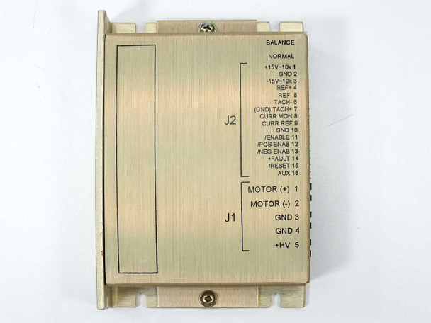 Headway Research 800-404A PWM32 Motor Module — front panel view showing full J1 and J2 connector pinout labels: Motor (+/-), GND, +HV on J1; tach, enable, fault, reset, ref, curr mon on J2