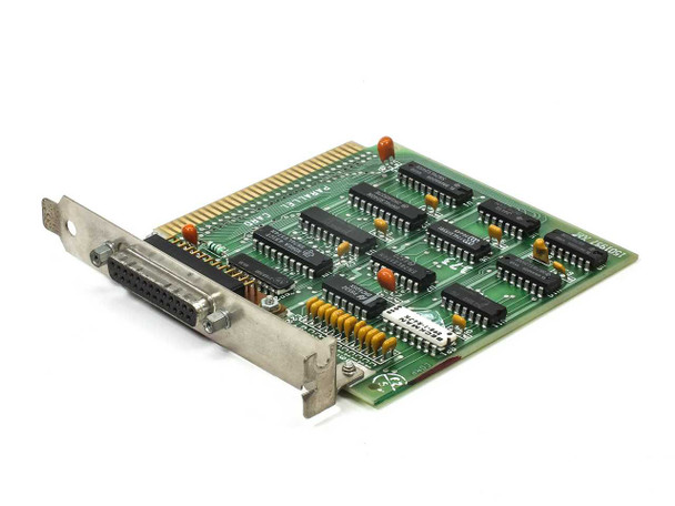 IBM 1501987XM 8-bit ISA parallel card – angled front view showing DB-25 female connector bracket and component side with DIP ICs
