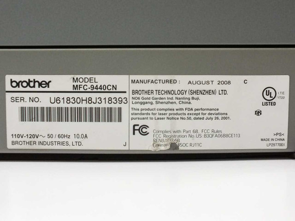 Brother MFC-9440CN rating label showing model, serial number, manufacture date August 2008, and 110-120V 50/60Hz 10.0A power specs
