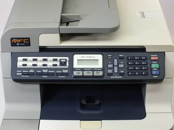 Brother MFC-9440CN — close-up of front control panel with LCD display, Print/Fax/Copy/Scan function buttons, and numeric dial pad