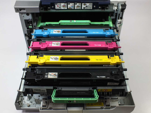 Brother MFC-9440CN — four TN-115 toner cartridges (Cyan, Magenta, Yellow, Black) installed and visible with front cover open