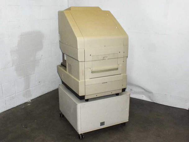 3M 7540MFB AJ Microfiche Reader Printer rear three-quarter view showing paper output slot and wheeled cabinet