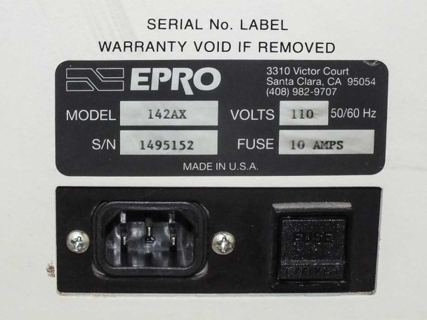 Epro 142AX serial number label showing Model 142AX, S/N 1495152, 110V 50/60Hz, 10 Amps fuse, Made in USA – IEC power inlet and circuit breaker visible below