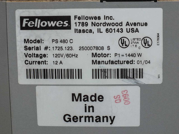 Fellowes PS 480C rating label showing model, serial number, 120V/60Hz, 12A, 1440W motor, manufactured 01/04, Made in Germany