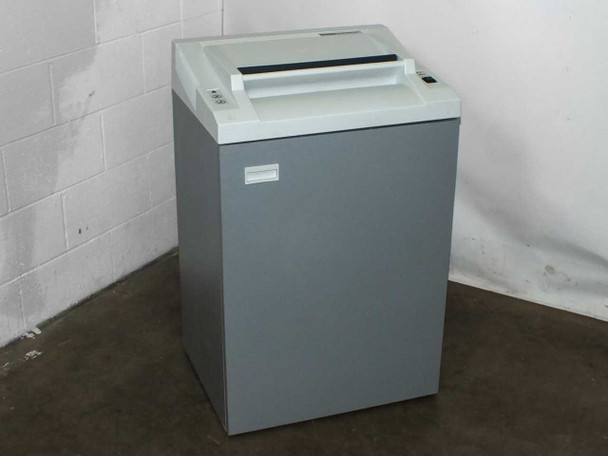 Fellowes PS 480C cross-cut paper shredder – full front view, gray cabinet with white shredder head