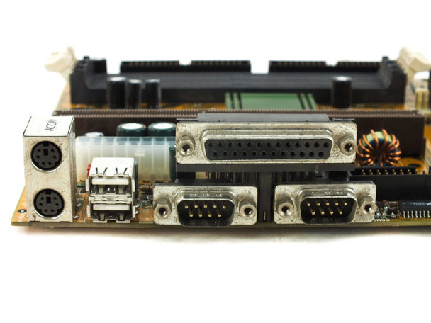 Wintac W6LXB-0 motherboard rear I/O port close-up showing 2x PS/2, 2x USB, 1x parallel, and 2x serial connectors