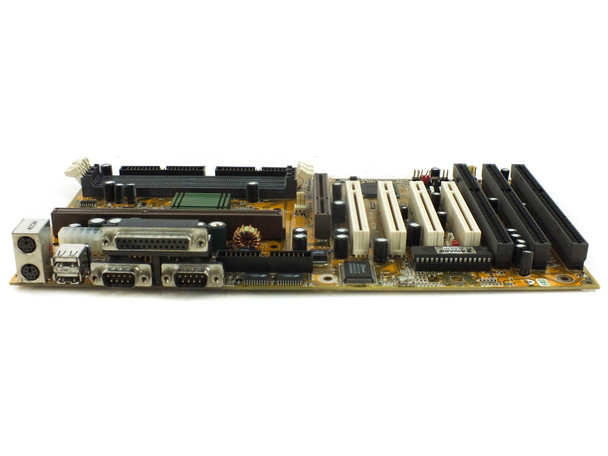 Wintac W6LXB-0 motherboard angled side view showing rear I/O panel with parallel, serial, USB, and PS/2 ports