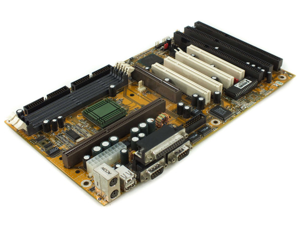 Wintac W6LXB-0 Slot 1 Pentium II ATX motherboard — three-quarter front view showing AGP, PCI, and ISA expansion slots