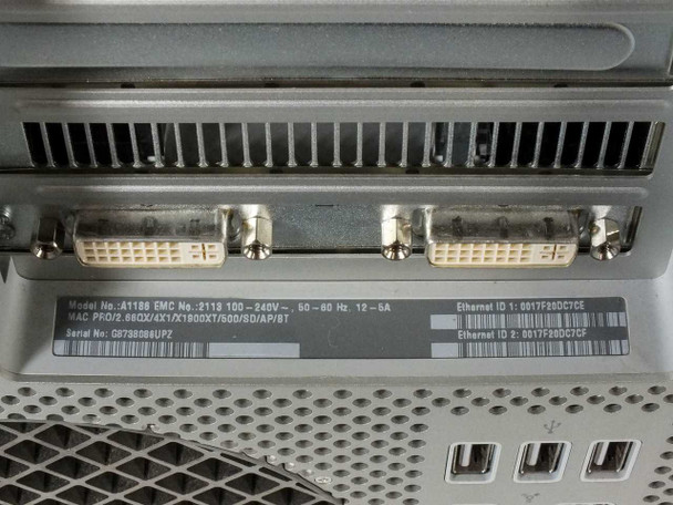 Apple Mac Pro A1186 rear panel label showing Model A1186 EMC 2113, serial number, MAC address, power spec 100-240V 50-60Hz, and two DVI ports from ATI X1900XT