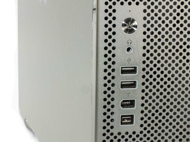 Apple Mac Pro A1186 front I/O panel close-up showing power button, headphone jack, 3x USB 2.0 ports, and 1x FireWire 400 port