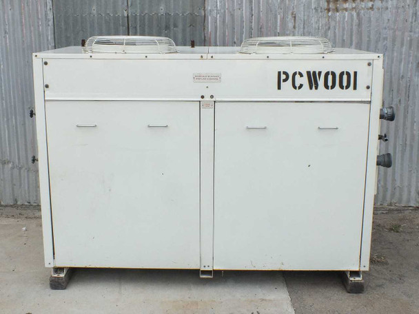 Schreiber 1000AC air-cooled water chiller — front exterior view showing white double-door cabinet, two top-mounted condenser fans, and PCW001 stencil