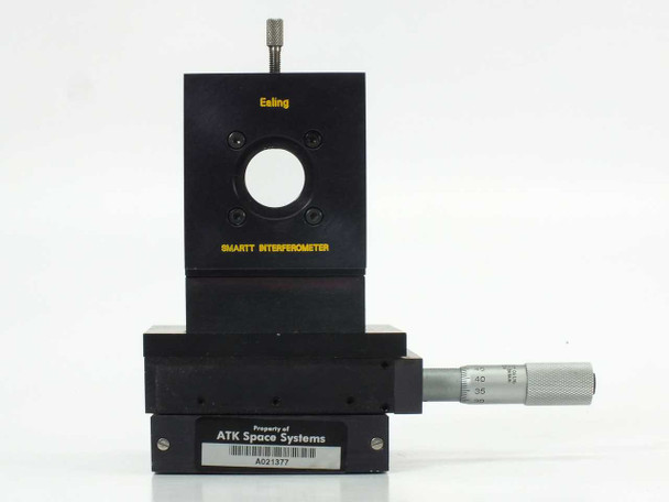 Ealing Smartt Interferometer front view showing circular optical aperture, instrument label, and micrometer translation stage