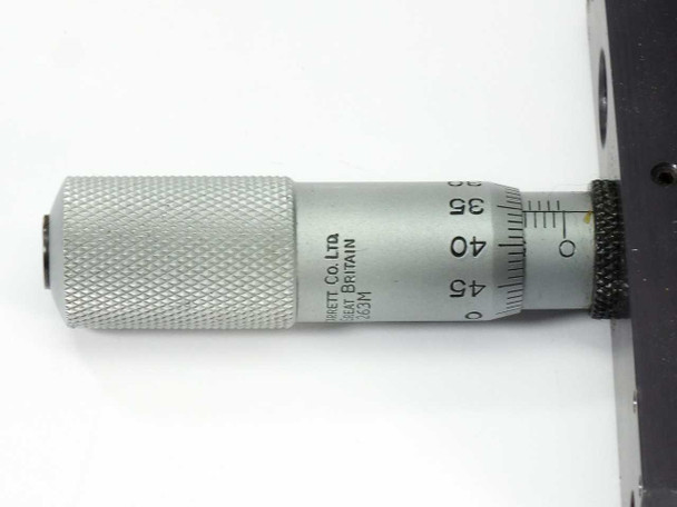 Close-up of L.S. Starrett Co. Ltd micrometer adjuster on Ealing 25-9218 interferometer stage — Made in Great Britain No. 263M