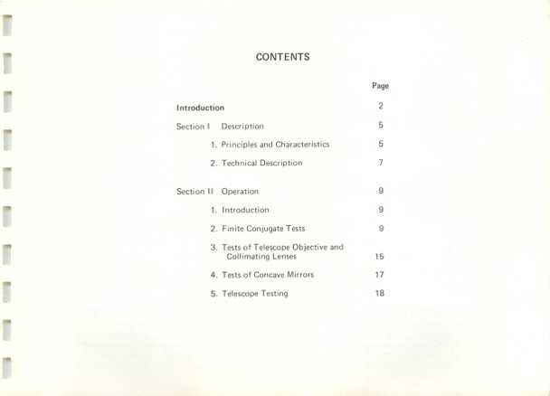 Ealing Smartt Point Diffraction Interferometer Instruction Manual — table of contents page showing sections on description, principles, operation, and testing procedures