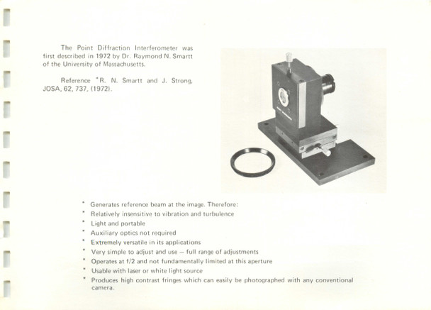 Ealing Smartt Interferometer Instruction Manual — page showing instrument photo and key feature bullet list including f/2 operation and laser/white light compatibility