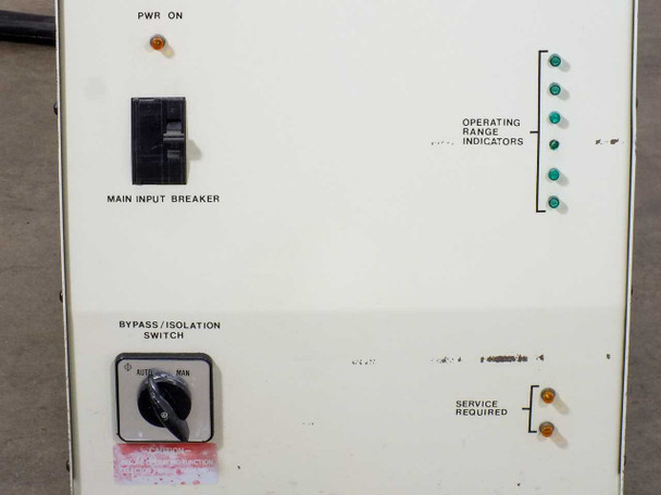 AAA Power System CP6 front control panel showing PWR ON indicator, Main Input Breaker, Bypass/Isolation Switch (Auto/Main), Operating Range Indicators, and Service Required lamp