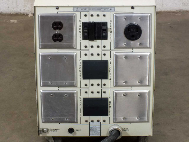 AAA Power System CP6 rear output panel close-up — Circuit 1 (duplex outlet), Circuit 2 (twist-lock outlet), Circuits 3-6 (blanked panels), Equipment Ground, REPO, and Input Power terminals