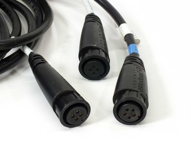Close-up of three Enphase D380 inverter drop connectors — two female (black) and one female (blue ring) multi-pin locking connectors