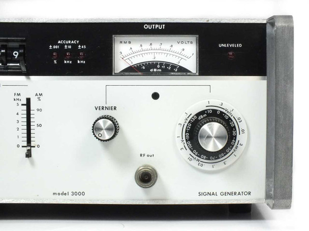Model 3000 Signal Generator front panel — shows OUTPUT meter (RMS Volts / dBm scale), VERNIER amplitude knob, RF OUT connector, FM/AM modulation scale, and UNLEVELED indicator lamp