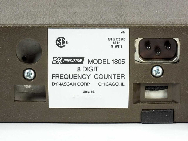 BK Precision 1805 8-Digit Frequency Counter – rear label showing model, Dynascan Corp, 108-132V AC 60Hz 10W rating plate
