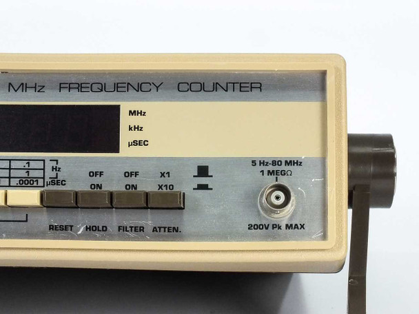 BK Precision 1805 Frequency Counter – close-up of right front panel showing BNC input, 1 MΩ impedance label, 200V Pk Max, Filter and Atten controls