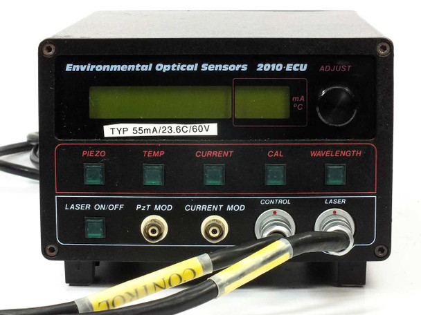 EOSI Environmental Optical Sensors 2010-ECU front panel showing dual LCD displays, PIEZO/TEMP/CURRENT/CAL/WAVELENGTH function buttons, PZT MOD and CURRENT MOD BNC connectors, and TYP 55mA/23.6C/60V operating sticker