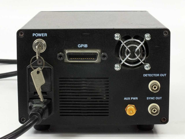 EOSI 2010-ECU rear panel showing POWER key switch with keys, GPIB interface connector, exhaust fan, DETECTOR OUT ports, AUX PWR SMA connector, and SYNC OUT