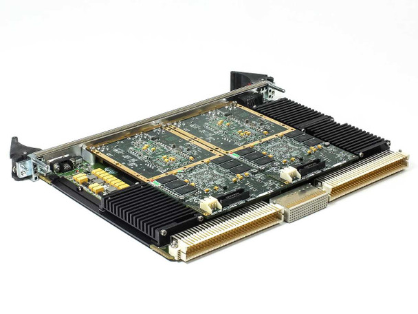 Curtiss-Wright SVME-414 VME system board — angled rear-left view showing dual VMEbus edge connectors and board underside with heatsinks and Delphi PowerPC processor modules