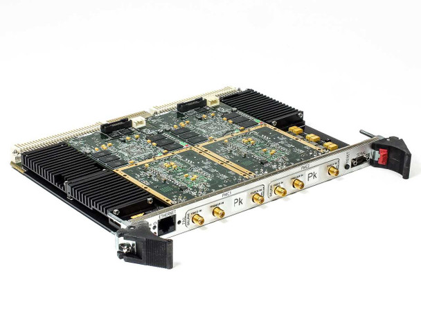 Curtiss-Wright SVME-414 VME system board Rev A-6 — angled front view showing front panel with SMA RF connectors, fiber optic port, and black handle with red locking latch