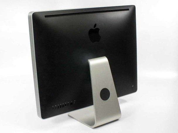 Apple iMac A1225 rear view showing black enclosure, aluminum stand, and built-in optical drive slot