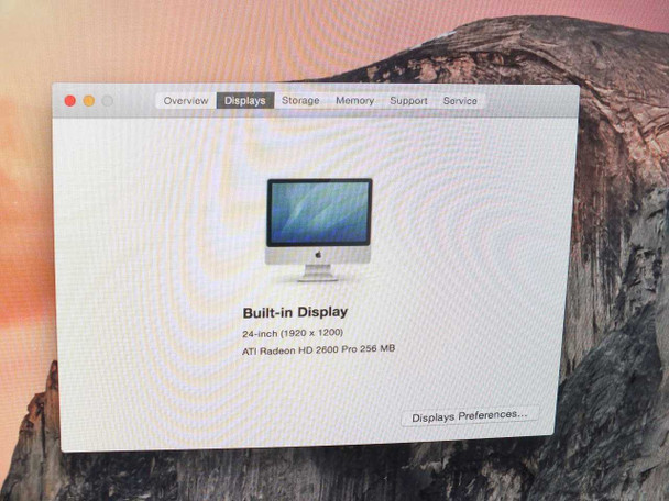 Apple iMac A1225 Displays information screen showing built-in 24-inch 1920x1200 display and ATI Radeon HD 2600 Pro 256MB
