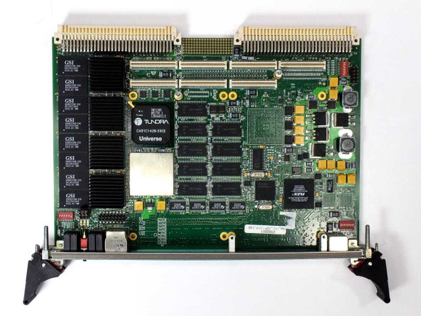 DNA Computing VQG4 VME64 SBC top view showing Tundra Universe II VME-PCI bridge chip, memory modules, and P1/P2 connectors