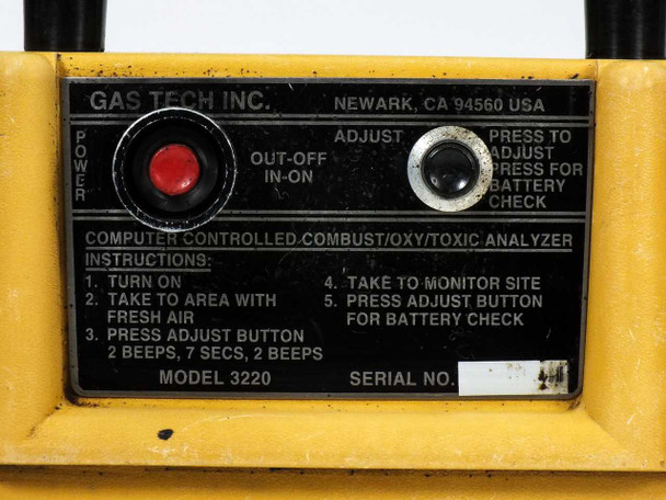 GasTech 3220 HS GasTechtor control panel label closeup — Gas Tech Inc. Newark CA 94560, red power button, Out-Off/In-On switch, Adjust button, Model 3220, and Serial No. field