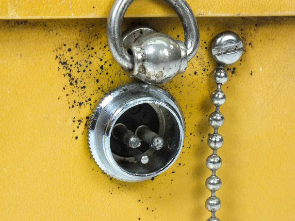 GasTech 3220 HS GasTechtor — closeup of locking circular connector port with bead chain cap and debris accumulation around fitting