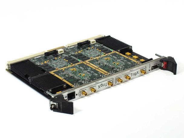 Curtiss-Wright SVME-414 VME system board angled front view showing SMA RF connectors on front panel and installed Delphi PowerPC XC2VP50 FPGA mezzanine modules