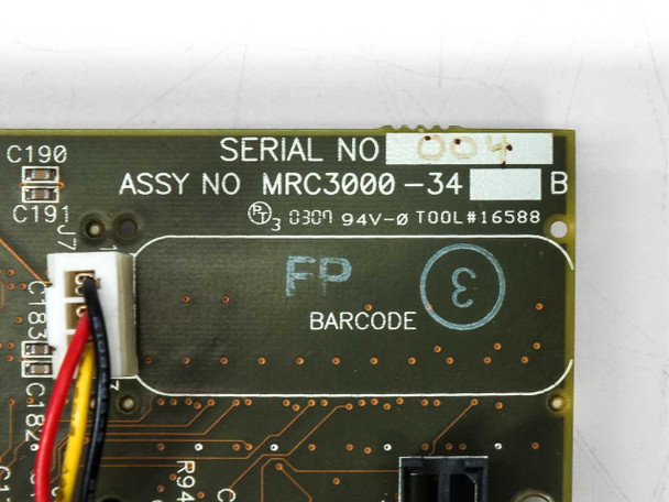 MRC3000 board label close-up showing ASSY NO MRC3000-34 B and serial number
