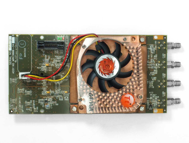 Delphi Engineering MRC3000 board top-down view showing copper heatsink fan assembly and SMA RF connectors on right edge