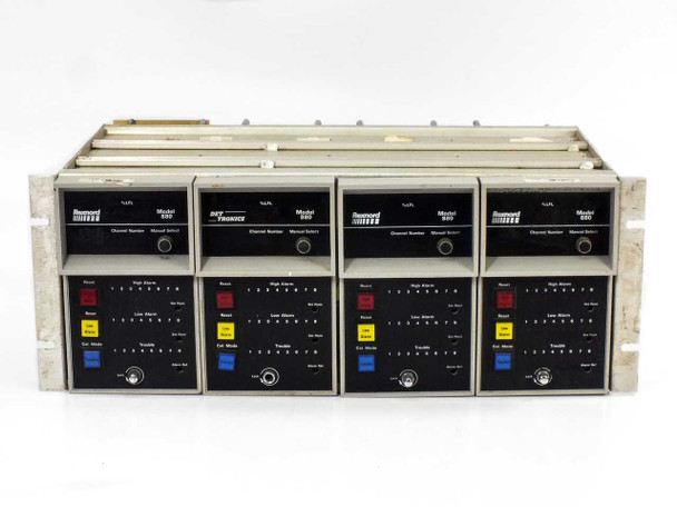 Det Tronics Rexnord Model 880 four-channel gas detection monitor mainframe – front panel view showing channel number selectors and alarm indicators on all four modules