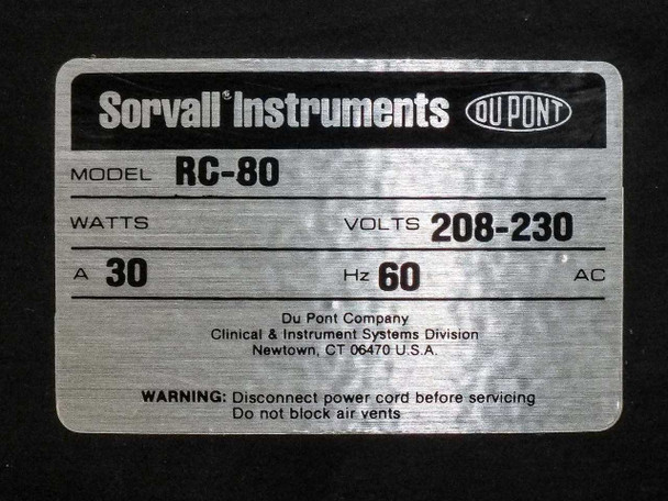 Sorvall Instruments DuPont RC-80 data plate showing model RC-80, 208-230V, 30A, 60Hz, Newtown CT USA