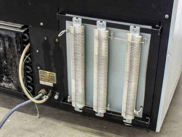 Sorvall RC-80 rear resistor bank close-up showing three large wire-wound resistor columns on mounting bracket, refrigerant plumbing visible