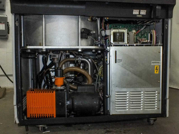Sorvall RC-80 interior lower compartment open showing Alcatel vacuum pump (orange), oil diffusion pump, control board, wiring, and high-voltage warning panel