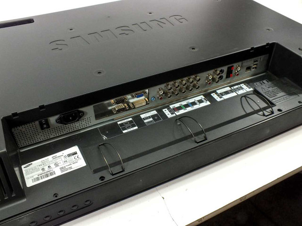 Samsung 400PXn rear angled view showing IEC AC inlet, VGA DB-9 ports, DVI port, BNC connectors, and rear port cluster
