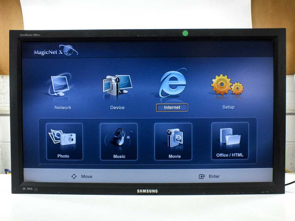 Samsung SyncMaster 400PXn 40-inch LCD display front view showing MagicNet X menu on screen with Network, Device, Internet, Setup, Photo, Music, Movie, Office/HTML icons
