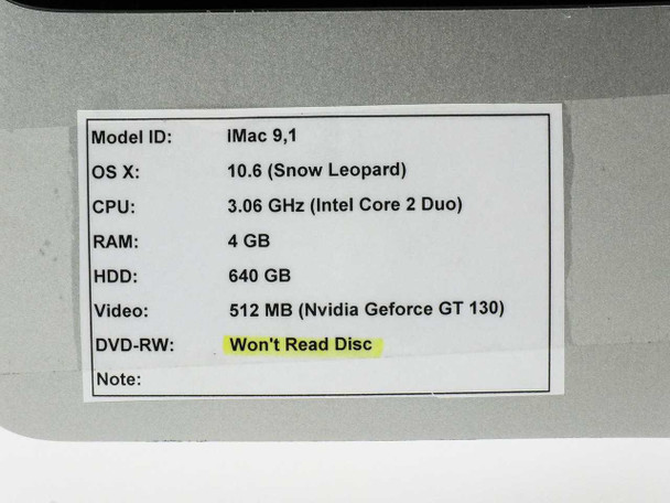 Apple iMac A1225 spec label closeup — Model ID iMac 9.1, OS X 10.6, 3.06GHz Core 2 Duo, 4GB RAM, 640GB HDD, Nvidia GT 130 512MB, DVD-RW Won't Read Disc highlighted in yellow