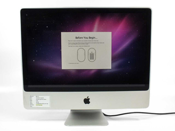 Apple iMac A1225 24-inch front view — second angle showing OS X Snow Leopard setup screen on display, spec label at bottom left