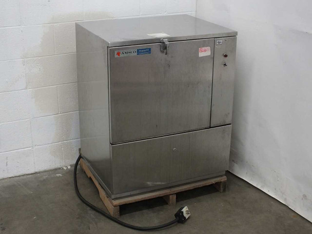 Amsco Hoplab 911 Glassware Dryer – full front view, stainless steel cabinet on pallet with power cord