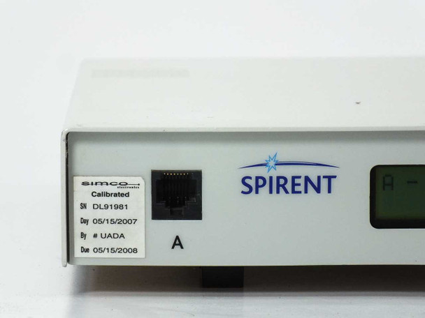 Spirent DLS 90 front panel left side showing Simco Electronics calibration label dated 05/15/2007 and RJ loop port A